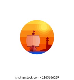 Nautical logo design, sailboat objects and lighthouse towers at dusk. vector template