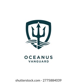 Nautical logo featuring a trident inside a shield above waves. Conveying marine security, strength, naval protection, and professional maritime branding for shipping, coastguard, or ocean services.