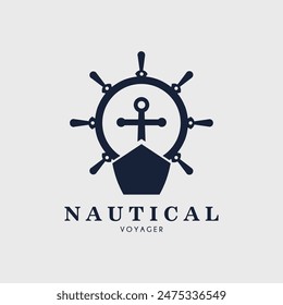 nautical logo with front view of ship and steering wheel vector illustration design