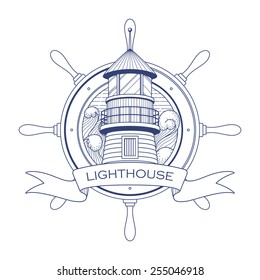 Nautical logo with a lighthouse and steering wheel