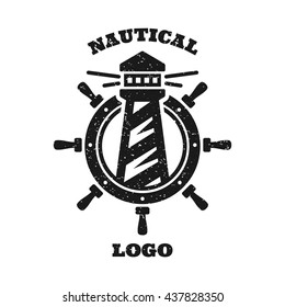 Nautical logo with a lighthouse and a steering wheel.
