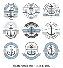 Nautisches Logo. Schiffsetiketten mit Ankersymbolen für die Unternehmensidentität im Bereich der Meeresforschung setzen neue Vektorvorlagen für Reisende aus aller Welt