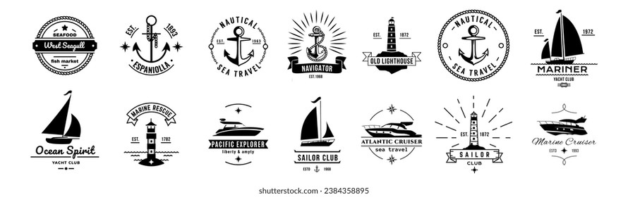 Nautical logo. Old emblem. Captains adventure. Sailors club. Vintage silhouette yacht or steering wheel. Boat sign print. Ship anchor. Ocean cruise. Lighthouse icon. Vector marine travel badges set