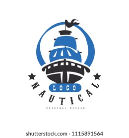 Nautical logo original design, retro badge with ship for nautical school, sport club, business identity, print products vector Illustration on a white background