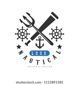 Nautical logo original design, retro emblem with marine elements for nautical school, club, business identity, print products vector Illustration on a white background
