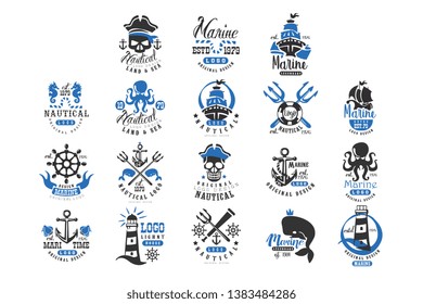 Nautical logo original design set, retro badges for nautical school, sport club, business identity, print products vector Illustration on a white background