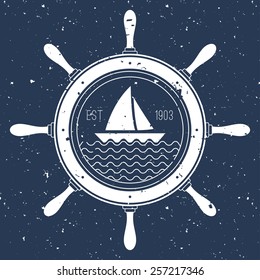 Nautical logo with a sail boat inside steering wheel