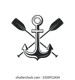 Nautical logo with sea anchor and crossed paddles isolated on white background. Vector illustration