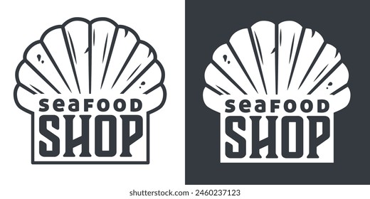 Nautical logo for seafood shop, marine shell design in white and black.