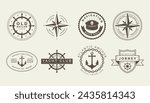 Nautical logo. Ship club icon. Navigation compass. Captain sailor yacht. Sailing wheel badge. Navy hat. Sea anchor. Ocean wave. Old marine emblem design. Maritime boat. Vector garish vintage signs set