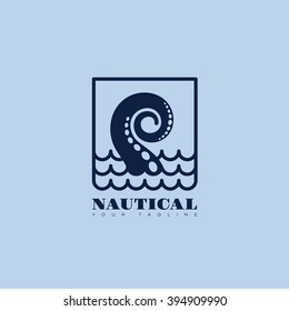 Nautical logo template design with tentacle and waves. Vector illustration.