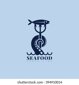 Nautical Logo Template Design With Tentacle, Trident And Fish. Vector Illustration.