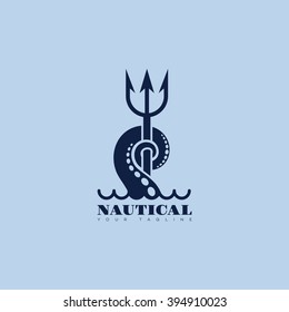 Nautical logo template design with tentacle and trident. Vector illustration.