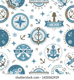 Nautical logo template pattern. Sailing object, icon vector background. Marine label, sea badge, anchor logo design, graphic emblem. Anchor, ship silhouettes. Boat, anchor, lighthouse symbols pattern