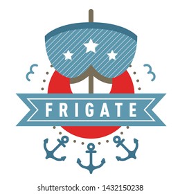 Nautical logo template. Sailing object, icon vector. Marine label, sea badge, anchor logo design, graphic red blue emblem. Anchor, ship silhouette. Boat, anchor, lighthouse, handwheel symbol image.