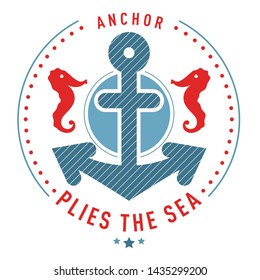Nautical logo template. Sailing object, icon vector. Marine label, sea badge, anchor logo design, graphic red blue emblem. Anchor, ship silhouette. Boat, anchor, lighthouse, handwheel symbol image.