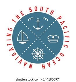 Nautical logo template. Sailing object, icon vector. Marine label, sea badge, anchor logo design, graphic red blue emblem. Anchor, ship silhouette. Boat, anchor, lighthouse, handwheel symbol image.