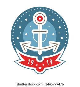 Nautical logo template. Sailing object, icon vector. Marine label, sea badge, anchor logo design, graphic red blue emblem. 