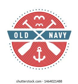 Nautical logo template. Sailing object, icon vector. Marine label, sea badge, anchor logo design, graphic red blue emblem. Anchor, ship silhouette. Boat, anchor, lighthouse, handwheel symbol image.