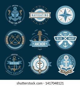 Nautical logo template set. Sailing object, icon vector set. Marine label, sea badge, anchor logo design, graphic emblem. Anchor,  ship silhouettes. Boat, anchor, lighthouse, handwheel symbols image