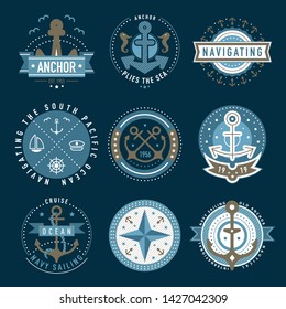 Nautical logo template set. Sailing object, icon vector set. Marine label, sea badge, anchor logo design, graphic emblem. Anchor,  ship silhouettes. Boat, anchor, lighthouse, handwheel symbols image