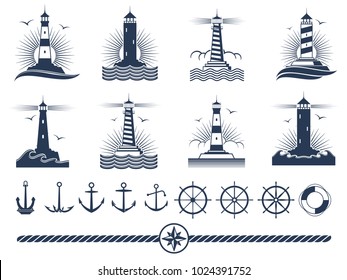 Nautical logos and elements set - anchors lighthouses rope. Vector illustration