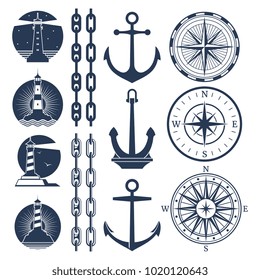 Nautical logos and elements set - compass lighthouses anchor chains. Vector illustration