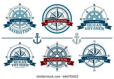 Nautical logos set. Corporate logo with windrose. Emblem with red banner isolated on white background. Navigation symbol. Vector illustration.