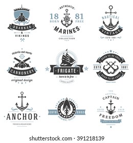 Nautical Logos Templates Set. Vector object and Icons for Marine Labels, Sea Badges, Anchor Logos Design, Emblems Graphics. Ship Silhouettes, Anchor Symbols.