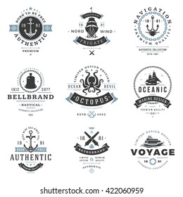Nautical Logos Templates Set. Vector object and Icons for Marine Labels, Sea Badges, Anchor Logos Design, Emblems Graphics. 