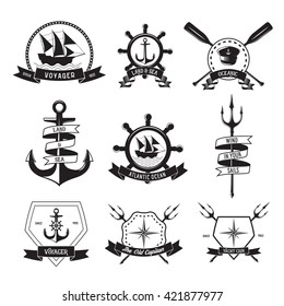 Nautical logotypes or insignias set. Vector design elements, business signs, logos, identity, labels, badges, apparel, ribbons, stickers. Vintage style illustration.