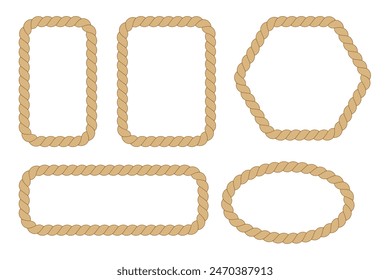 Nautical loops. Vector knots for rope. Realistic knot round and square borders. Marine ropes