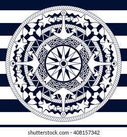 Nautical mandala design on blue and white stripped geometric background. Navy vector seamless pattern. 