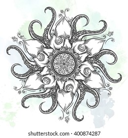 Nautical mandala with octopus tentacles and floral elements. Hand drawn vector illustration.