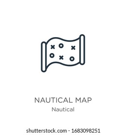 Nautical map icon. Thin linear nautical map outline icon isolated on white background from nautical collection. Line vector sign, symbol for web and mobile