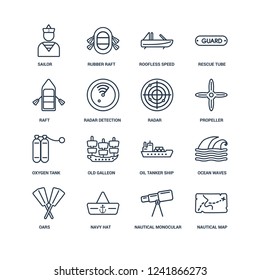 nautical Map, Nautical Monocular, Navy Hat, Oars, Ocean Waves, Sailor, Raft, Oxygen tank, Radar outline vector icons from 16 set