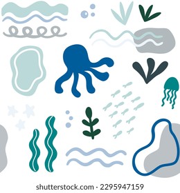 Nautical marine abstract shapes seamless pattern. Figures of octopus, jellyfish and algae. Sea life blue turquoise pattern.