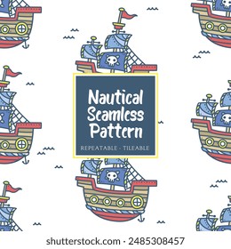 Nautical marine beach sea ocean tileable repeatable seamless pattern in hand drawn fun cartoon style for summer kids boys girls child children