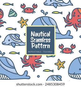 Nautical marine beach sea ocean tileable repeatable seamless pattern in hand drawn fun cartoon style for summer kids boys girls child children