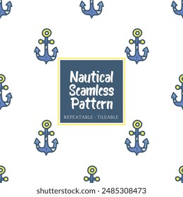 Nautical marine beach sea ocean tileable repeatable seamless pattern in hand drawn fun cartoon style for summer kids boys girls child children