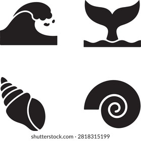 Nautical and marine collection featuring a crashing ocean wave, a whale tail, a spiral seashell, and a cone shell on white background