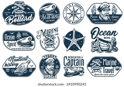 Nautical marine emblems, sea boat, ocean captain cap and ship, voyage and marine cruises