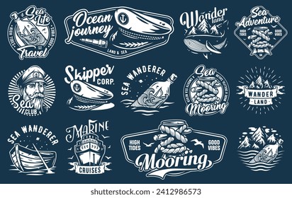 Nautical marine emblems, sea boat, ocean captain cap and ship, voyage and marine cruises