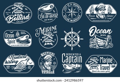 Nautical marine emblems, sea boat, ocean captain cap and ship, voyage and marine cruises