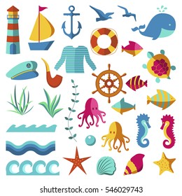 Nautical and marine flat style icons. Sea and oceans marine nautical seaside symbols for maritime design