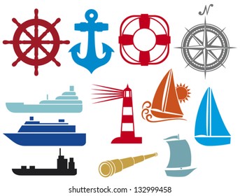 nautical and marine icons (boat, ship, stylized yacht, lifesaver, anchor, sailboat, lighthouse, compass, spyglass)