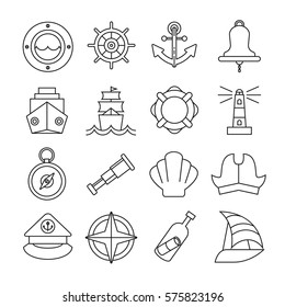 nautical and marine icons set in thine line style