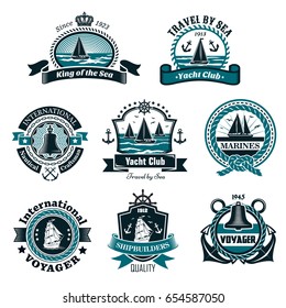 Nautical and marine icons set for yachting club or ship builders and seafarer heraldic badges. Vector isolated symbols of ship anchor, seagulls and sailor knot rope, captain helm wreath with stars