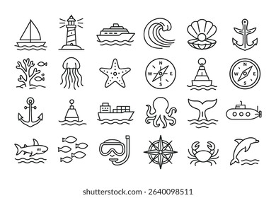 Nautical and Marine Life Vector Icons Set for Ocean Themed Designs and Projects