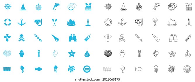 Nautical marine line and flat style icon set in blue and black color on white bakground.